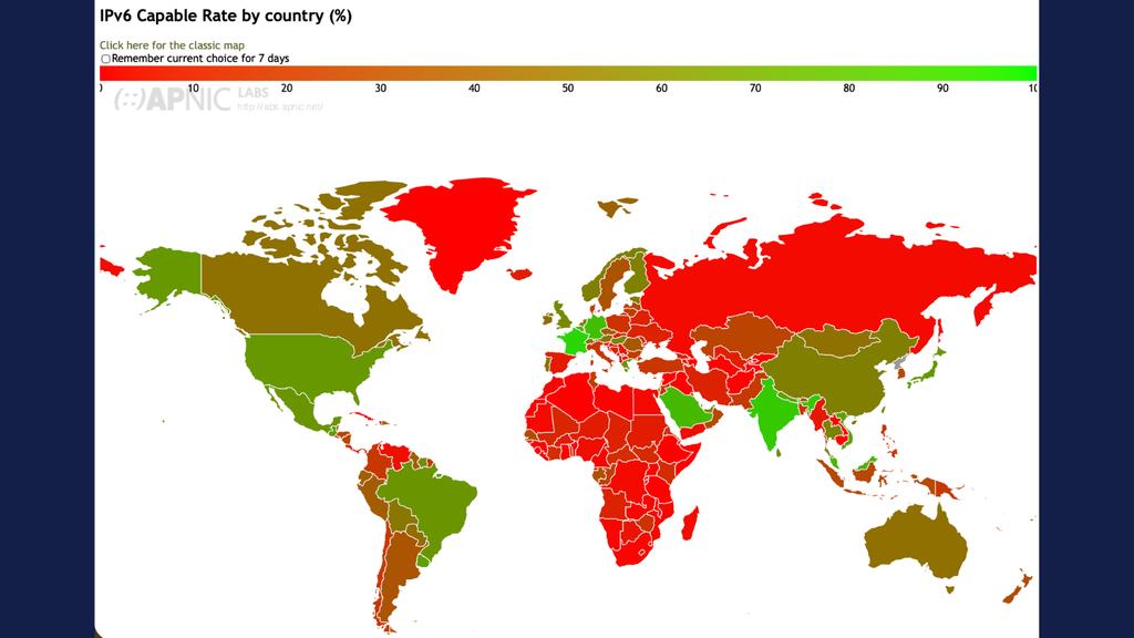 Map of the world colour coded to show IPv6 uptake
